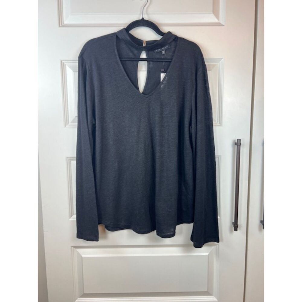 Sanctuary Genavieve Black 100% Linen Choker Keyhole Long Sleeve Blouse XL NWT